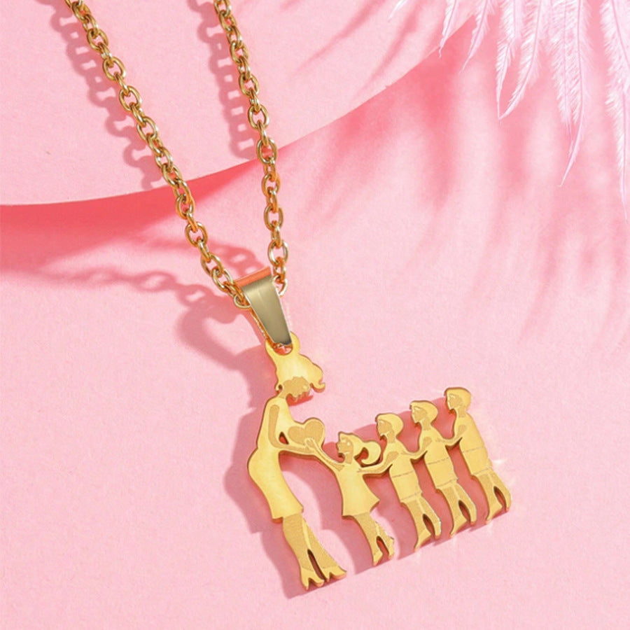 Mother & Kids Silhouette Pendant Necklace, 316L Titanium Steel Silver Plated Family Keepsake Necklace, Multiple Figures, Gold & Silver Family Jewelry