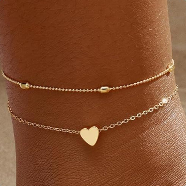 3 Styles Double Layer Ankle Bracelet Set, Gold & Silver Heart Pearl Infinity Beach Vacation Anklets