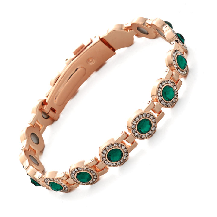 Rose Gold Tone Green Stone Pavé Health Bracelet (Delicate Magnetic Bangle)