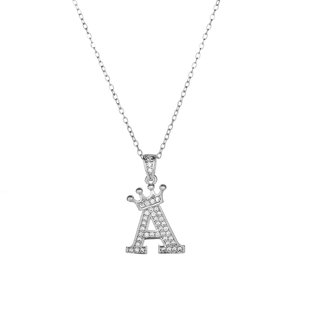 Crown Paved Diamond Initial Letter Necklace, 14K Gold Plated Personalized Dainty Chain, A-Z Available