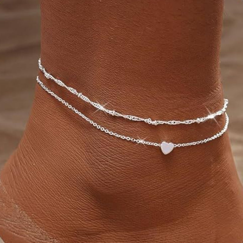 3 Styles Double Layer Ankle Bracelet Set, Gold & Silver Heart Pearl Infinity Beach Vacation Anklets