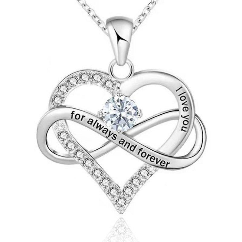 Infinity Intertwined Heart Engraved Birthstone Necklace, Eternal Love Heart Pendant Clavicle Chain with Birthstone