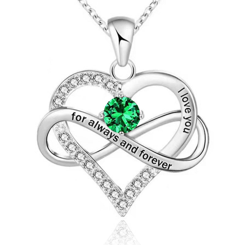 Infinity Intertwined Heart Engraved Birthstone Necklace, Eternal Love Heart Pendant Clavicle Chain with Birthstone