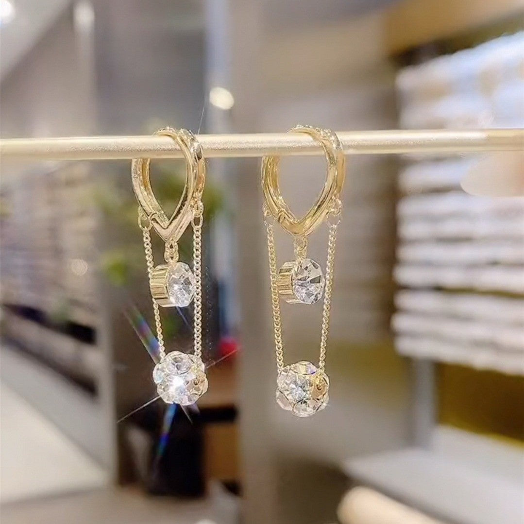 Double Layer Tassel Ball Diamond Huggie Earrings