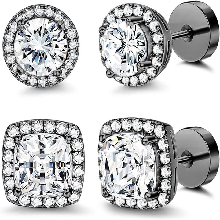 Round & Cushion Halo Diamond S925 Silver Stud Earrings, 4 Colors Dual Style Diamond Earrings