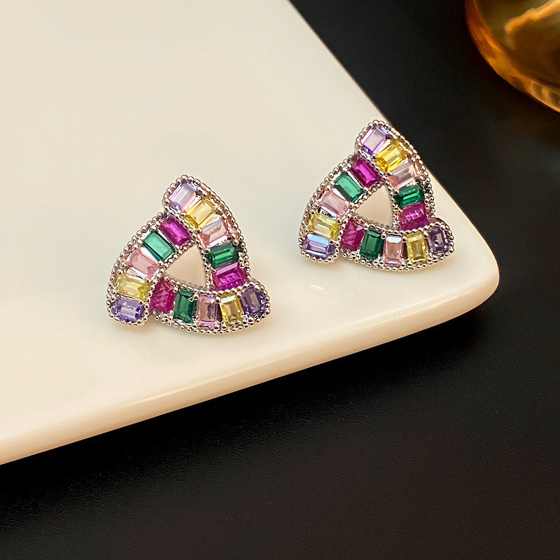 Colorful Diamond Triangle Hollow Stud Earrings, Gold & Silver Tone Rainbow Crystal Jewelry