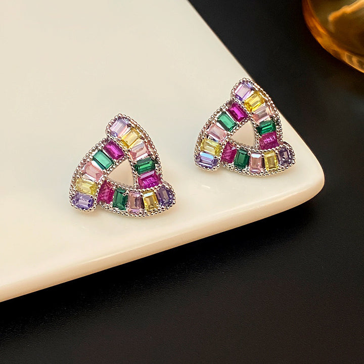 Colorful Diamond Triangle Hollow Stud Earrings, Gold & Silver Tone Rainbow Crystal Jewelry