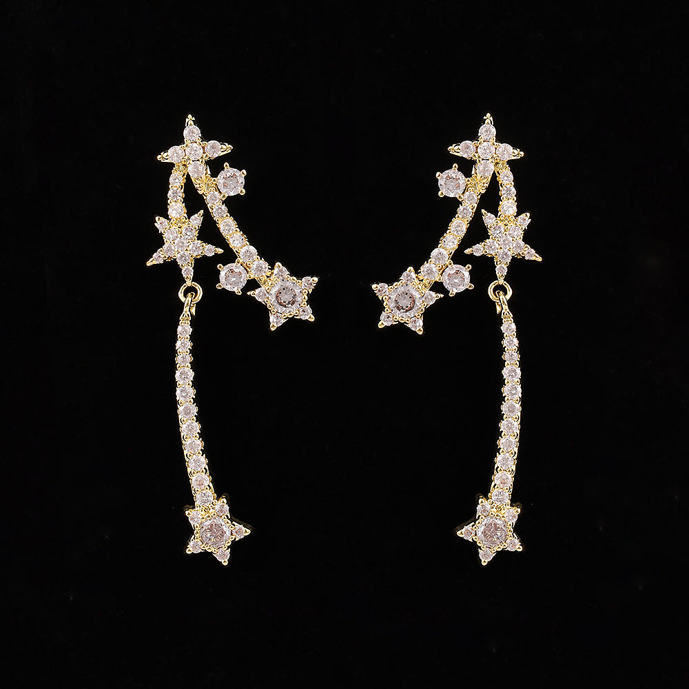 Asymmetric Shooting Star Diamond Drop Earrings, 3 Colors Long Fringe Star Jewelry