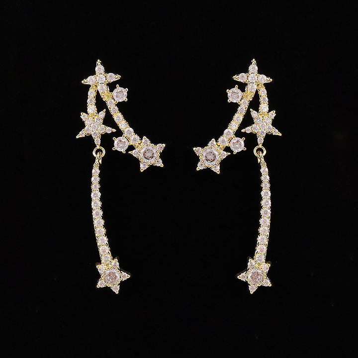 Asymmetric Shooting Star Diamond Drop Earrings, 3 Colors Long Fringe Star Jewelry
