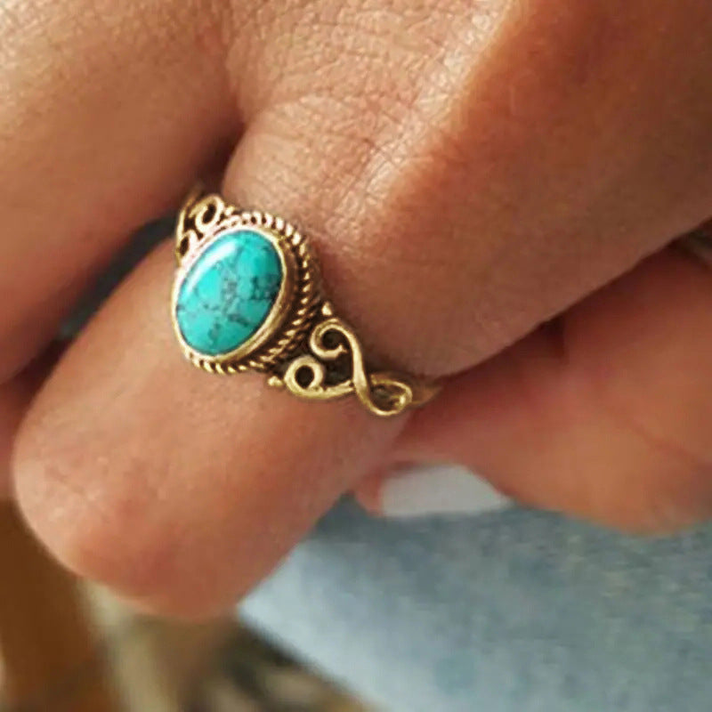 Vintage Turquoise Vines Carved Ring, 3-Tone Ethnic Oval Natural Stone Bohemian Ring for Women