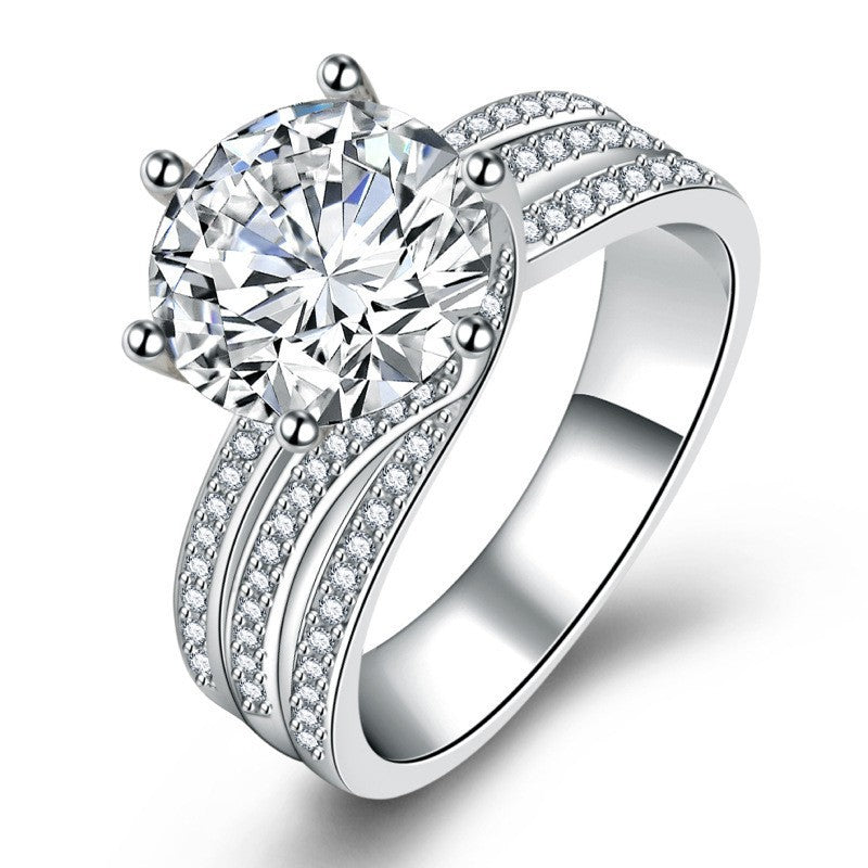Six-Prong Center Stone Triple Row Pave Ring (Light Luxury Proposal & Engagement Band)