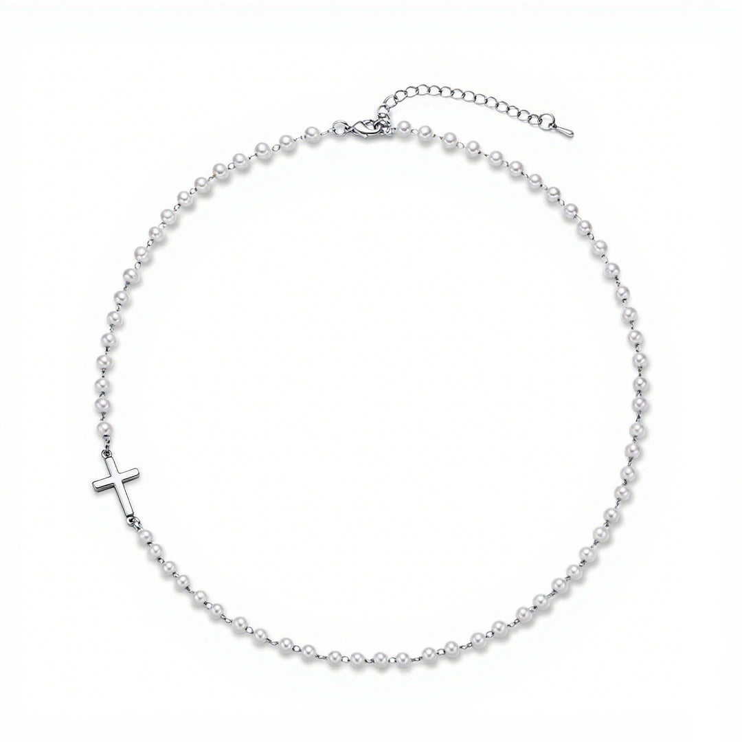Pearl & Cross Necklace & Bracelet Set (Light Luxury Minimalist Elegance Style)