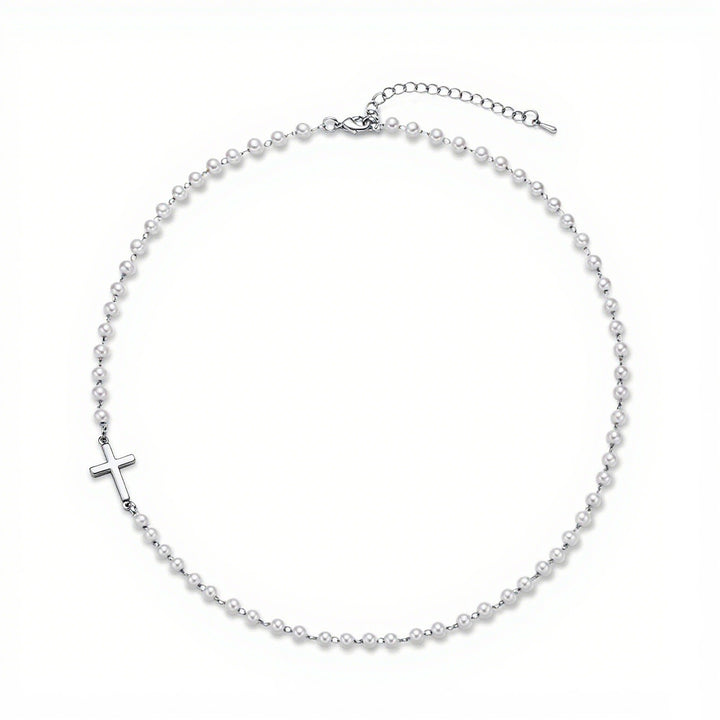 Pearl & Cross Necklace & Bracelet Set (Light Luxury Minimalist Elegance Style)