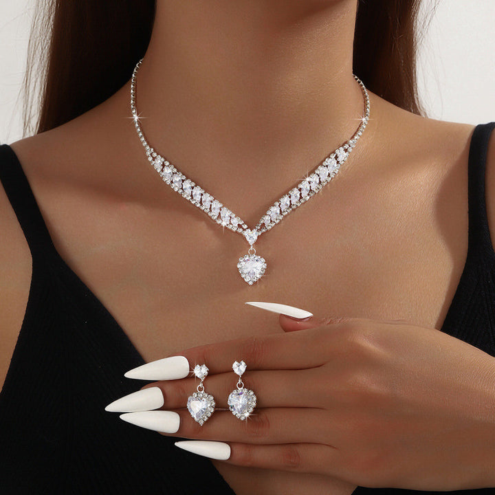 S925 Silver Heart Diamond Necklace & Earring Set, V-shaped Rhinestone Jewelry 2-Piece Set for Wedding & Banquet, Gold & Silver Two Tones