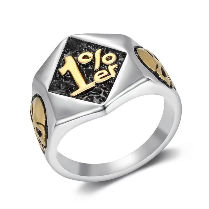 1%er Skull Vintage Biker Signet Ring, S925 Silver 14K Gold Plated Two-Tone Tough Men Wide Band