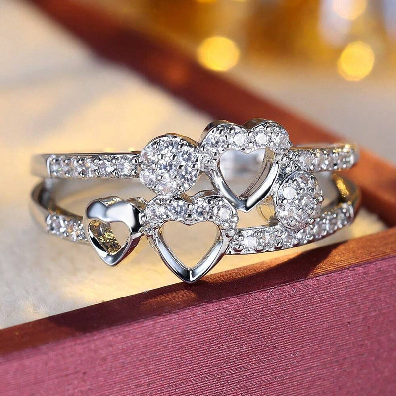 Double Layer Hollow Multi-Heart Paved Diamond Ring, Gold & Silver Sweet Luxury Stackable Design Band for Women