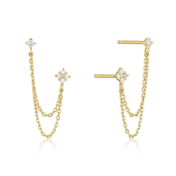 S925 Silver Two-hole Double Chain Flower Diamond Stud Earrings, Multi-color Double Layer Chain Tassel Earrings