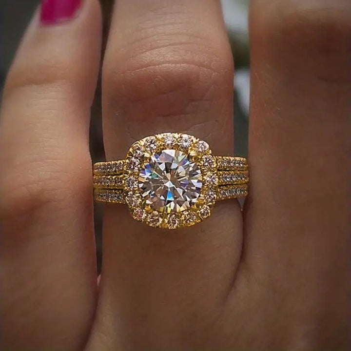 Double Halo Round Diamond Triple Row Band Ring Set, Luxury Center Stone Full Paved Engagement Ring, Gold Silver Rose Gold Three Tones Available