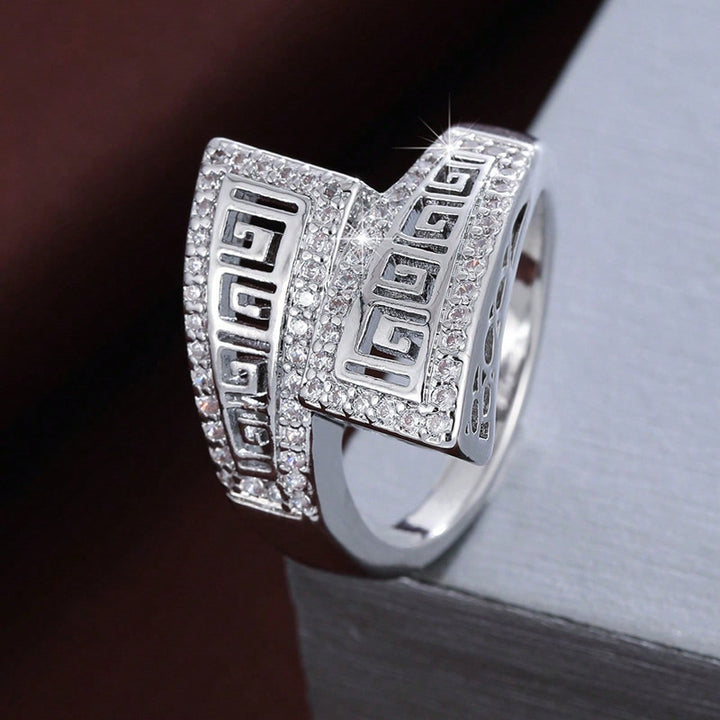 Greek Key Hollow Wrap Ring, Gold Silver Vintage Engraved Damond Wide Band