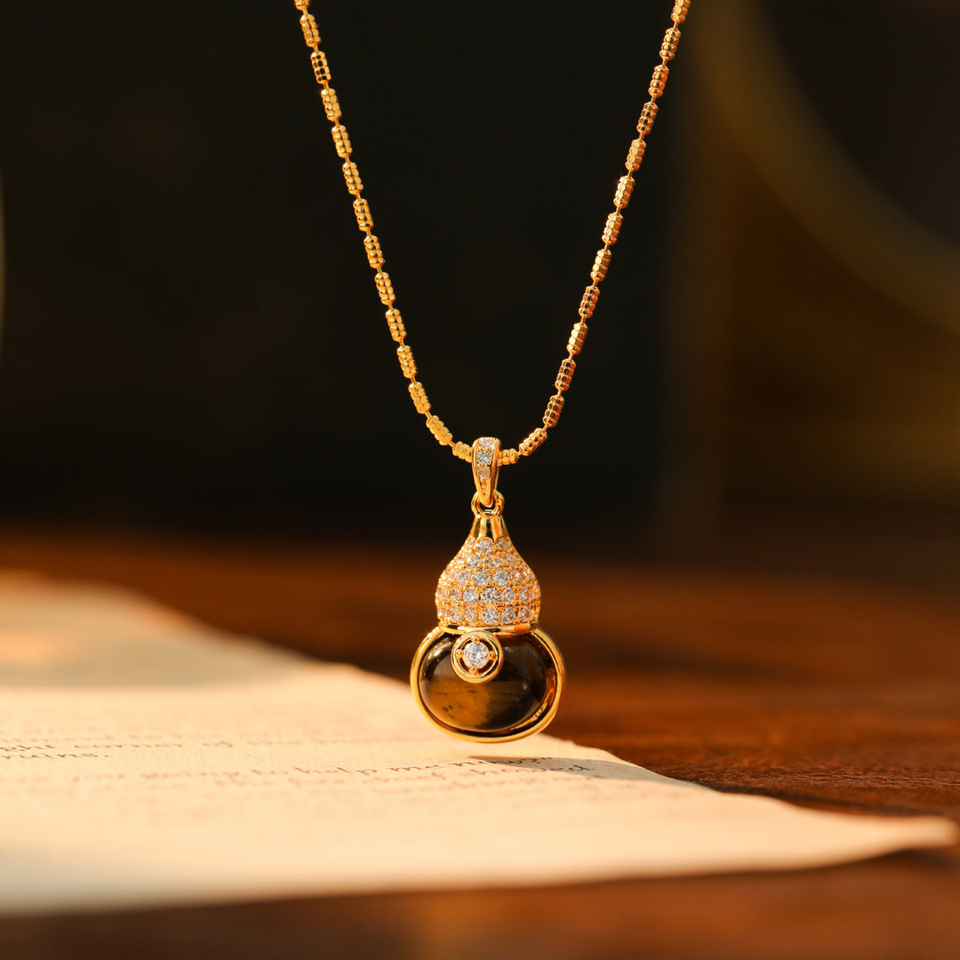 S925 Silver Gourd Gemstone Necklace, Luxury Full Diamond Fu Lu Pendant Turquoise & Tiger Eye Gold Clavicle Chain
