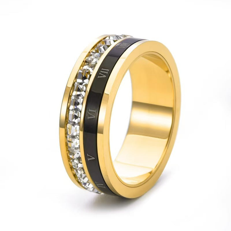 Rotatable Roman Numeral Diamond Inlaid Ring, 3-Color European Luxury Stress Relief Wide Couple Band