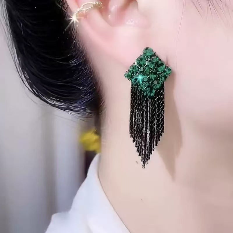 S925 Silver Multi-color Cluster Diamond Tassel Long Drop Earrings, Luxurious Slimming Earrings for Banquet
