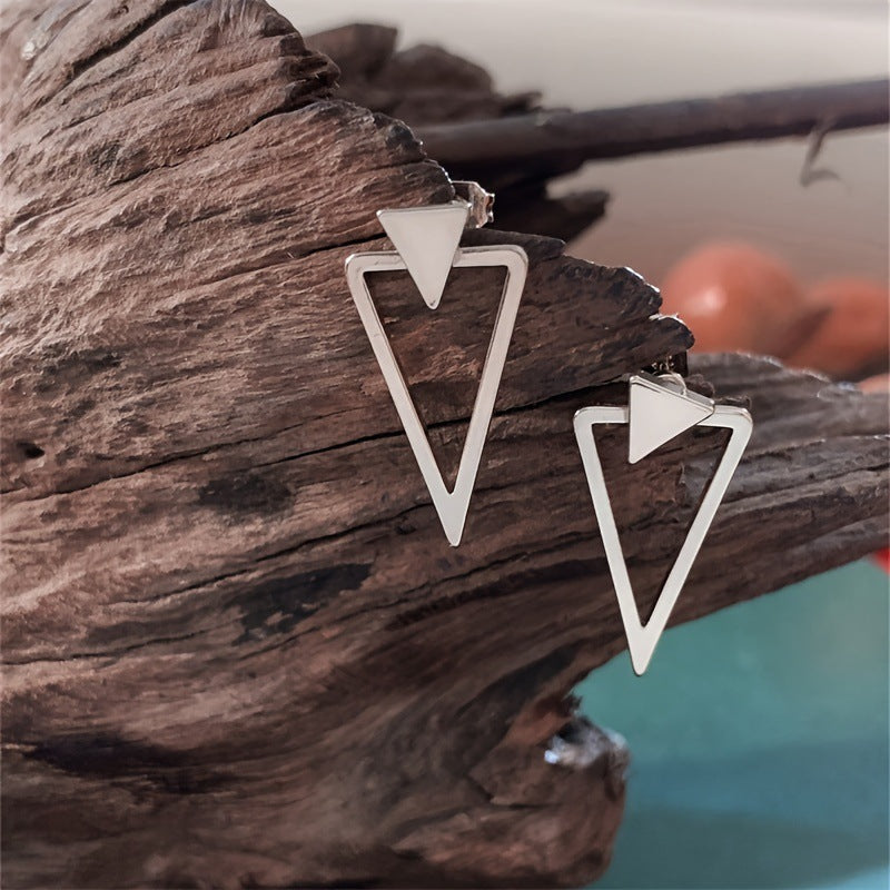 S925 Silver Geometric Double Triangle Earrings, Minimalist Hollow Triangle Drop Earrings in Gold & Silver