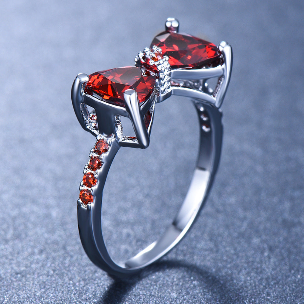 Triangle Stone Bow Pave Ring, Multi-Color Gem Silver/Rose Gold Luxury Feminine Band