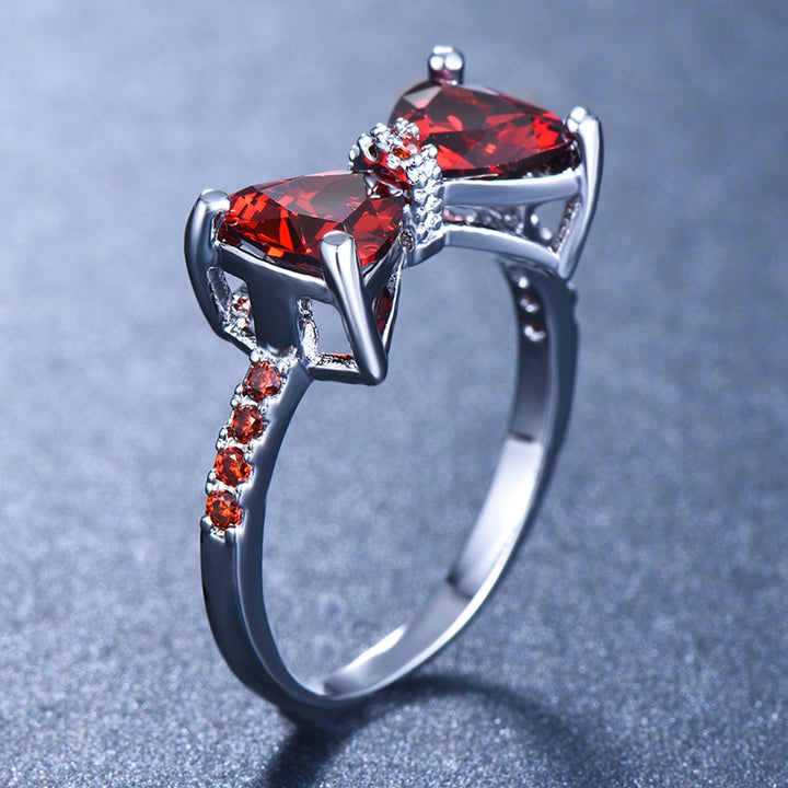 Triangle Stone Bow Pave Ring, Multi-Color Gem Silver/Rose Gold Luxury Feminine Band