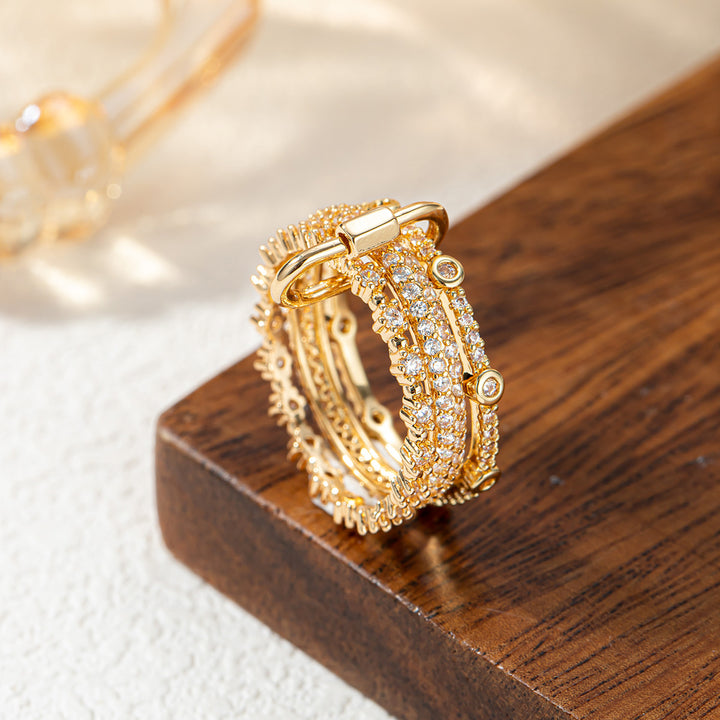 Multi-Layer Lock Paved Diamond S925 Silver Stackable Ring, Luxury Horseshoe Buckle Band Available in 2 Tones