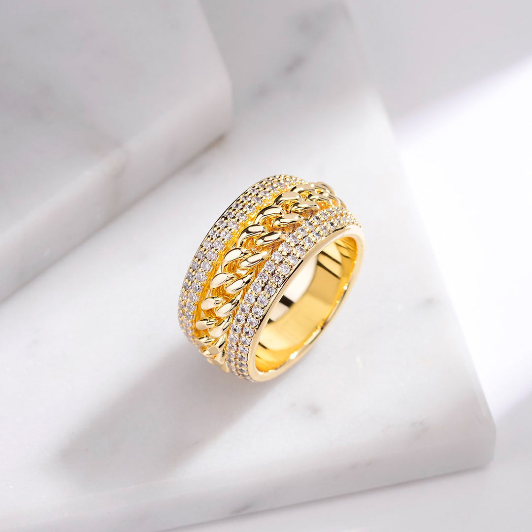 Curb Chain Center Pave Diamond Wide Band Ring, Gold & Silver And Rose Gold Tone Heavy Luxury Chain Crystal Ring