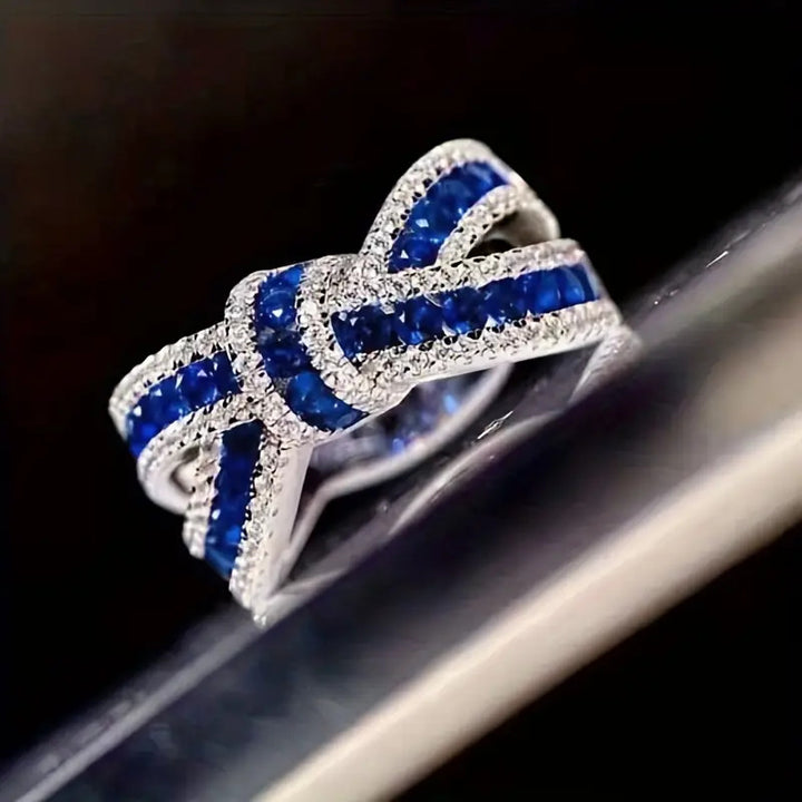 S925 Silver Interwoven Bow Color Gemstone Ring, Red & Blue Gem Pave‑Set Luxury Wide Band for Women