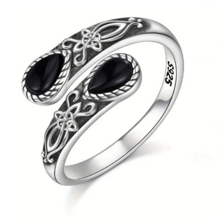 S925 Silver Celtic Knot Black Onyx Open Ring (Vintage Retro Statement Band)