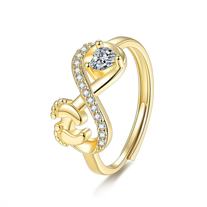 S925 Silver Heart Diamond Baby Footprint Open Ring (Luxury Memorial Band)