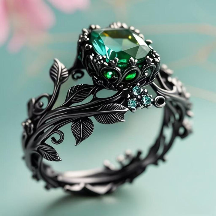 Vintage Forest Vine Emerald Ring, Openwork Leaf Carved Green Gem Band Gold Silver Black Gothic Botanical Statement Jewelry