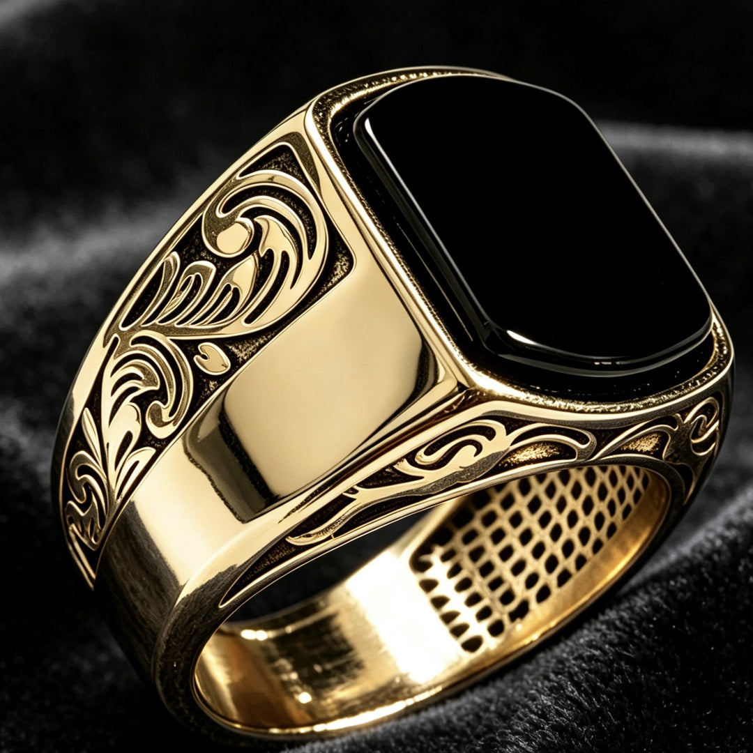 Vintage Cloud Pattern Onyx Signet Men Ring