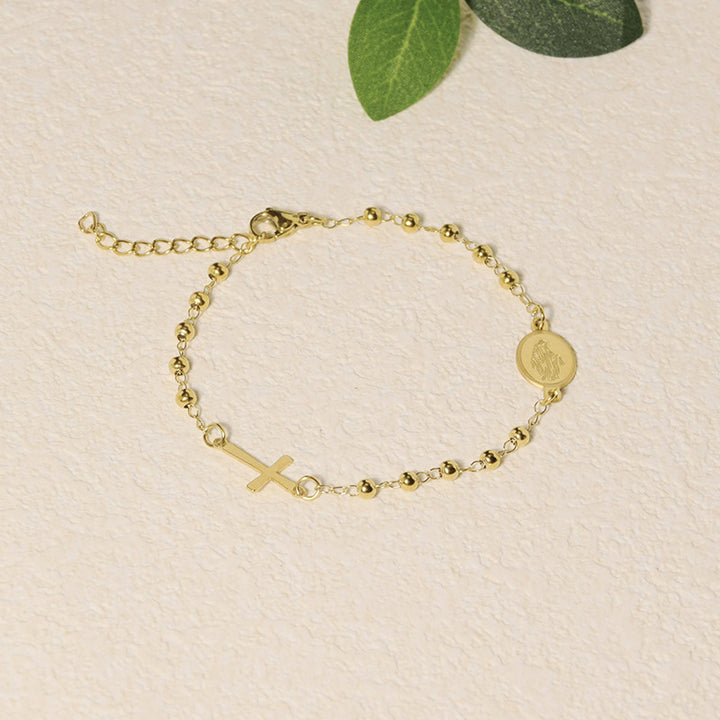 Beaded Chain Cross & Saint Medal Bracelet, Gold & Silver Minimal Religious Jewelry