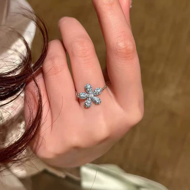 S925 Silver Colorful Pave‑Set Flower Chain Ring, Multi‑Color Adjustable Five‑Petal Soft Band Ring for Women