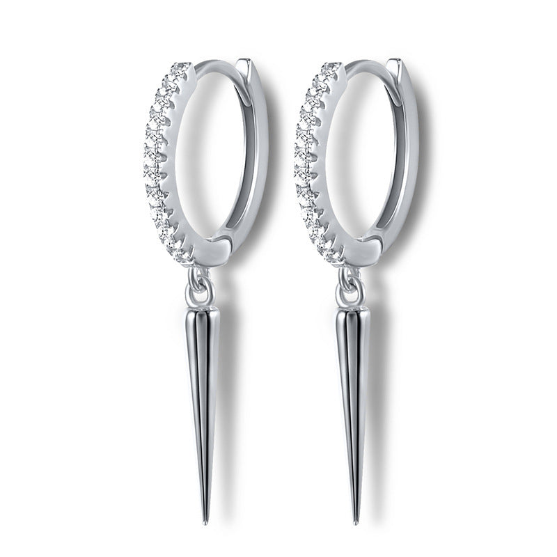 S925 Silver Pave Crystal Hoop Spike Dangle Huggie Earrings, Edgy Long Rivet‑Style Drop Earrings, Gold / Silver Two‑Tone