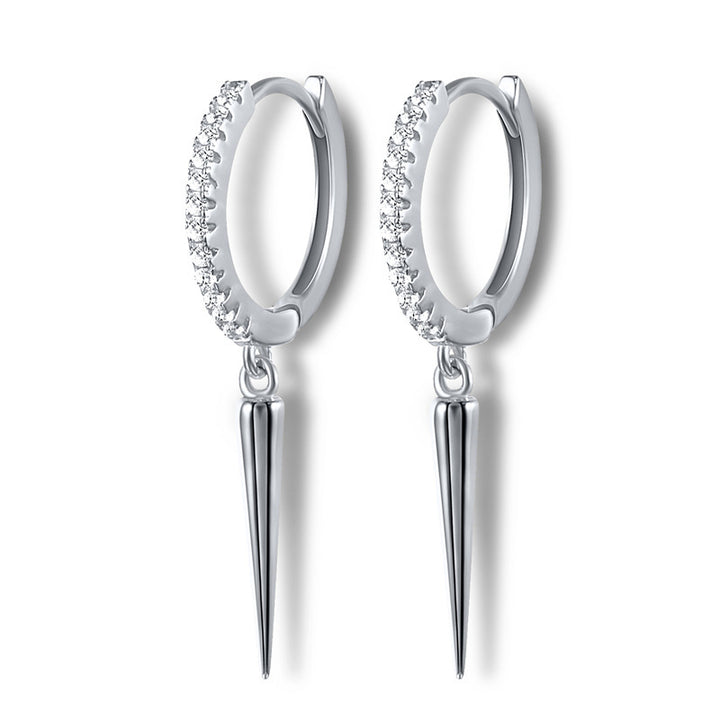 S925 Silver Pave Crystal Hoop Spike Dangle Huggie Earrings, Edgy Long Rivet‑Style Drop Earrings, Gold / Silver Two‑Tone