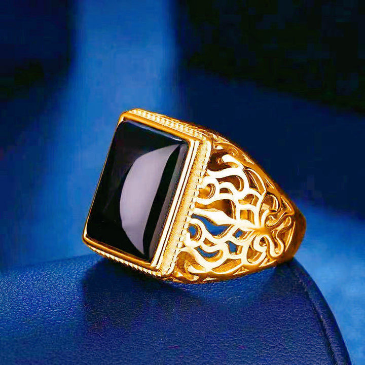 S925 Silver Black Onyx Openwork Carved Men's Ring (Vintage Luxury Gentleman's Band)