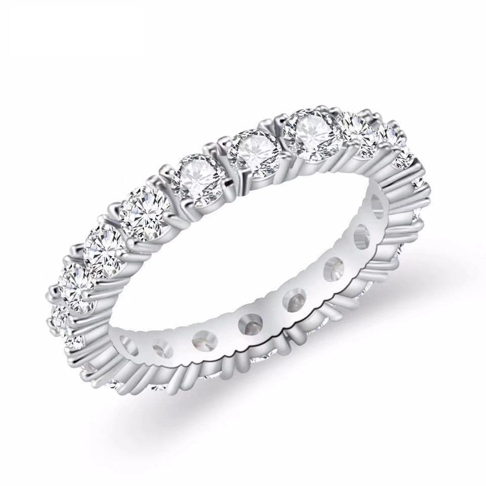 Full Eternity Diamond S925 Silver Ring, Classic Round Full Band Inlaid Diamond Ring, Gold Silver Rose Gold Three Tones Stackable Luxury Ring