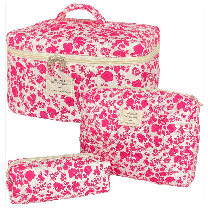 Floral Quilted 3-Piece Makeup Bag Set, Large Capacity Handheld Cosmetic Bag Portable Storage Pouch & Pencil Case Kit