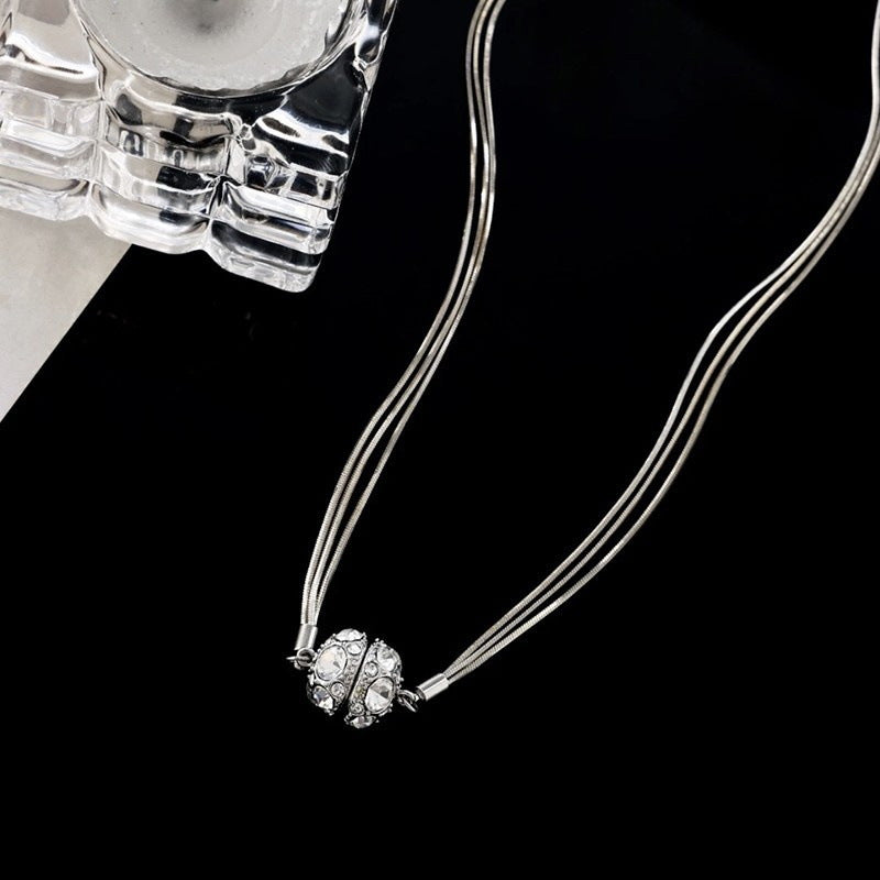 S925 Silver Multi-strand Snake Chain Diamond Ball Necklace, Luxury Multi-line Rhinestone Round Pendant Gold & Silver Tone Clavicle Chain
