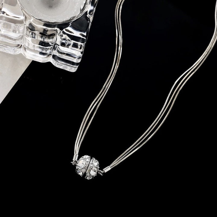 S925 Silver Multi-strand Snake Chain Diamond Ball Necklace, Luxury Multi-line Rhinestone Round Pendant Gold & Silver Tone Clavicle Chain