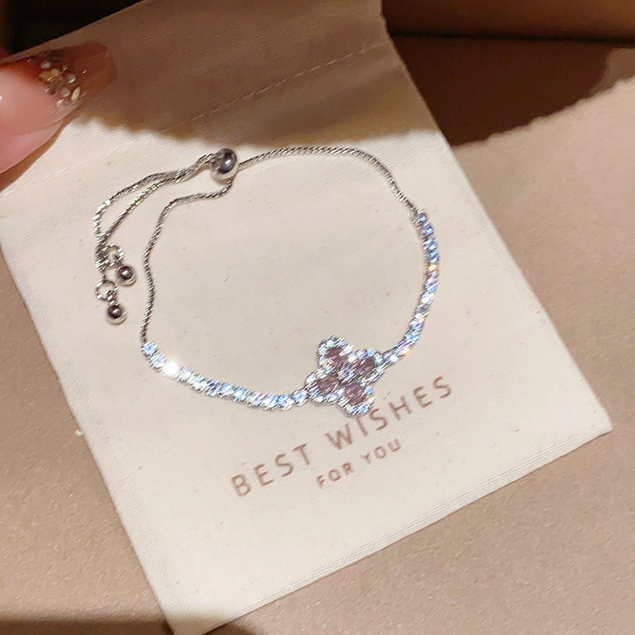 Luxury Four-Leaf Clover Pink Diamond Adjustable Bracelet, Gold & Silver Paved Diamond Pull Chain Women Bracelet
