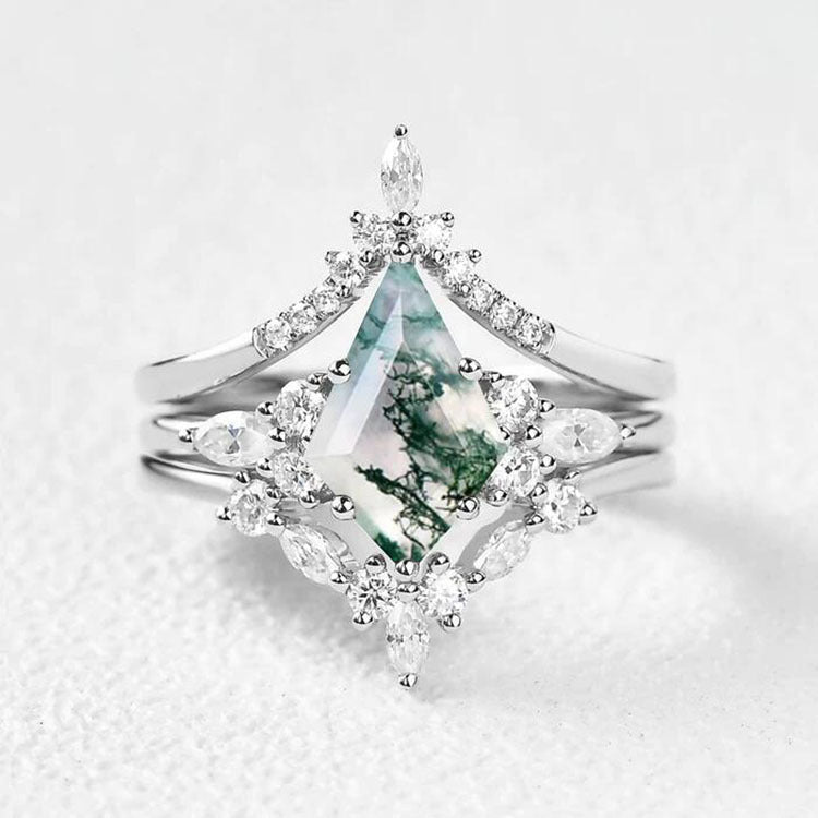 Kite‑Cut Moss Agate Three‑Piece Stackable Ring Set, Three‑Color Options