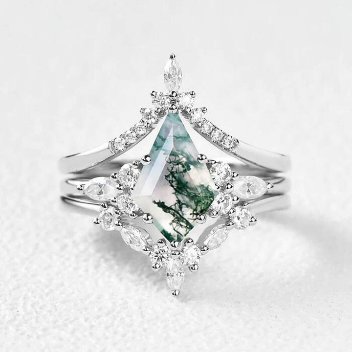 Kite‑Cut Moss Agate Three‑Piece Stackable Ring Set, Three‑Color Options
