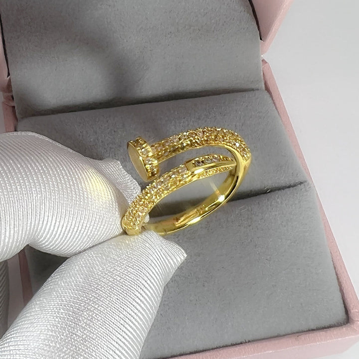 Full Pave Open Nail Shape Ring, Multi-Tone Plated Luxury Spiral Crystal Band