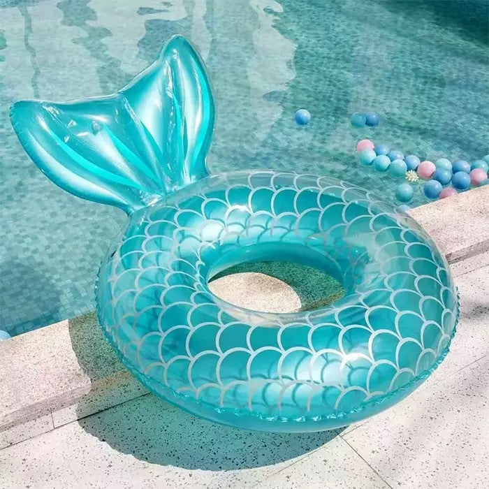 Mermaid Tail Inflatable Swim Ring, Gradient Glitter Fish Scale Print Adult Water Float for Pool Beach Photography